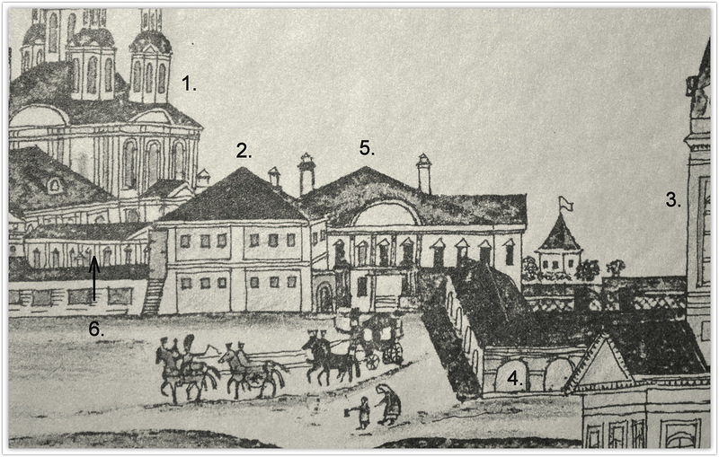 1. Часть рисунка семинариста П.Анисимова Вид зданий с главной торговой площади Вятки, 1802 год (реставрация Л.Безверховой)